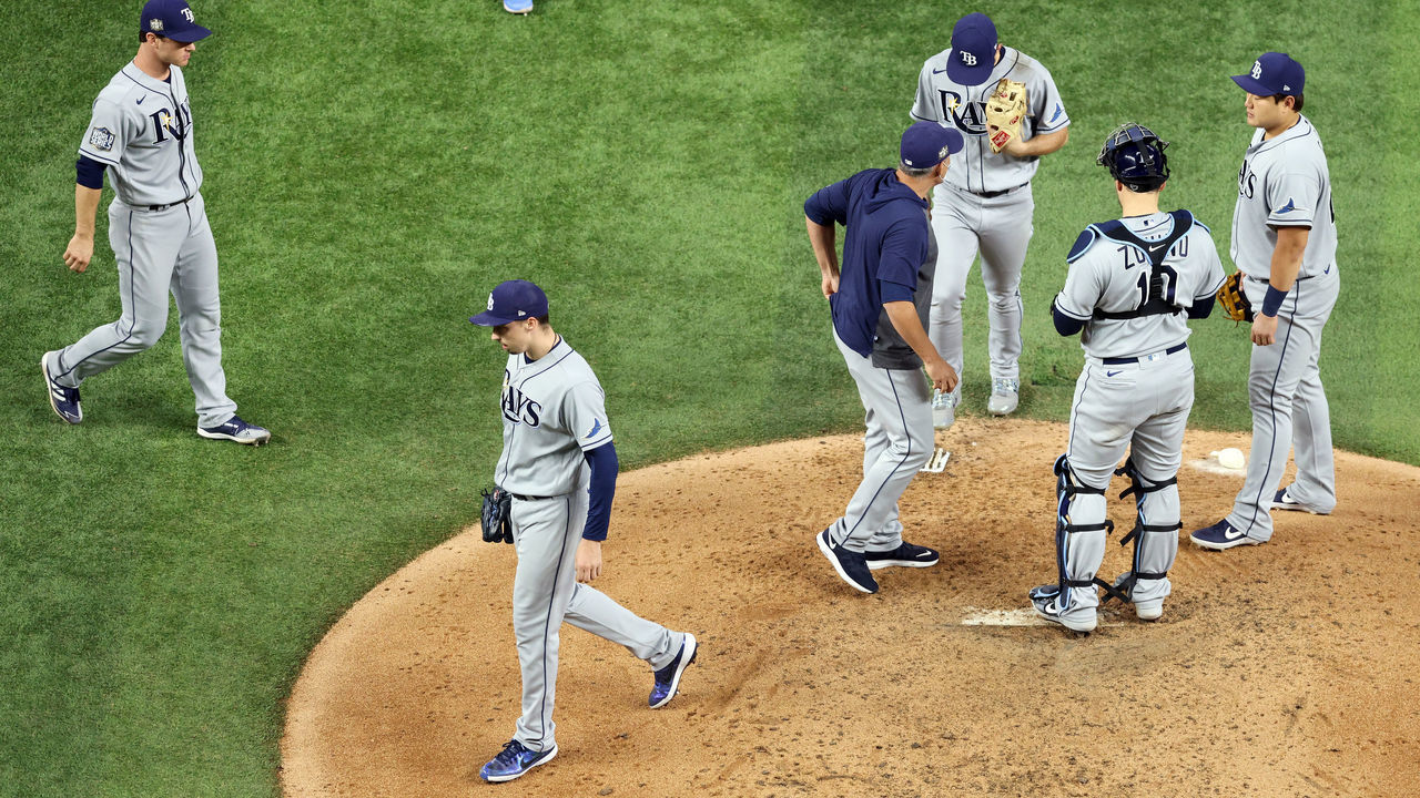 ARLINGTON, TEXAS - OCTOBER 27: Blake Snell #4 of the Tampa Bay Rays is taken out of the game by manager Kevin Cash during the sixth inning against the Los Angeles Dodgers in Game Six of the 2020 MLB World Series at Globe Life Field on October 27, 2020 in Arlington, Texas.