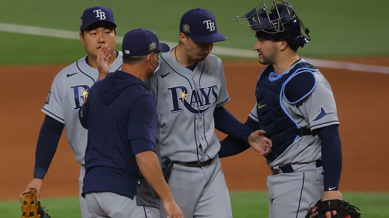 ARLINGTON, TEXAS - OCTOBER 27: Blake Snell #4 of the Tampa Bay Rays is taken out of the game by manager Kevin Cash during the sixth inning against the Los Angeles Dodgers in Game Six of the 2020 MLB World Series at Globe Life Field on October 27, 2020 in Arlington, Texas.