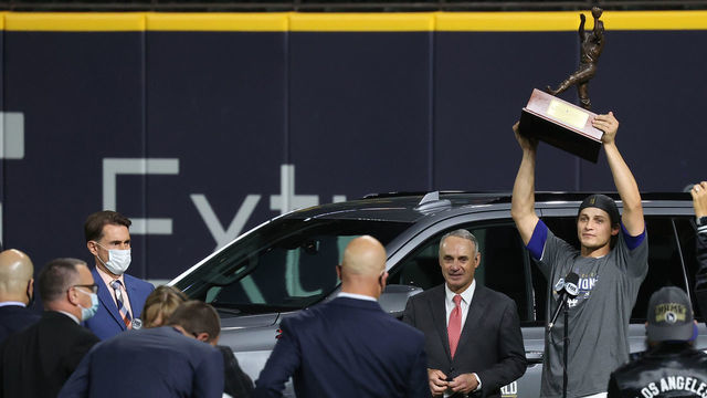 ARLINGTON, TEXAS - OCTOBER 27: Corey Seager #5 of the Los Angeles Dodgers is presented the Willie Mays World Series Most Valuable Player Award after defeating the Tampa Bay Rays 3-1 in Game Six to win the 2020 MLB World Series at Globe Life Field on October 27, 2020 in Arlington, Texas.