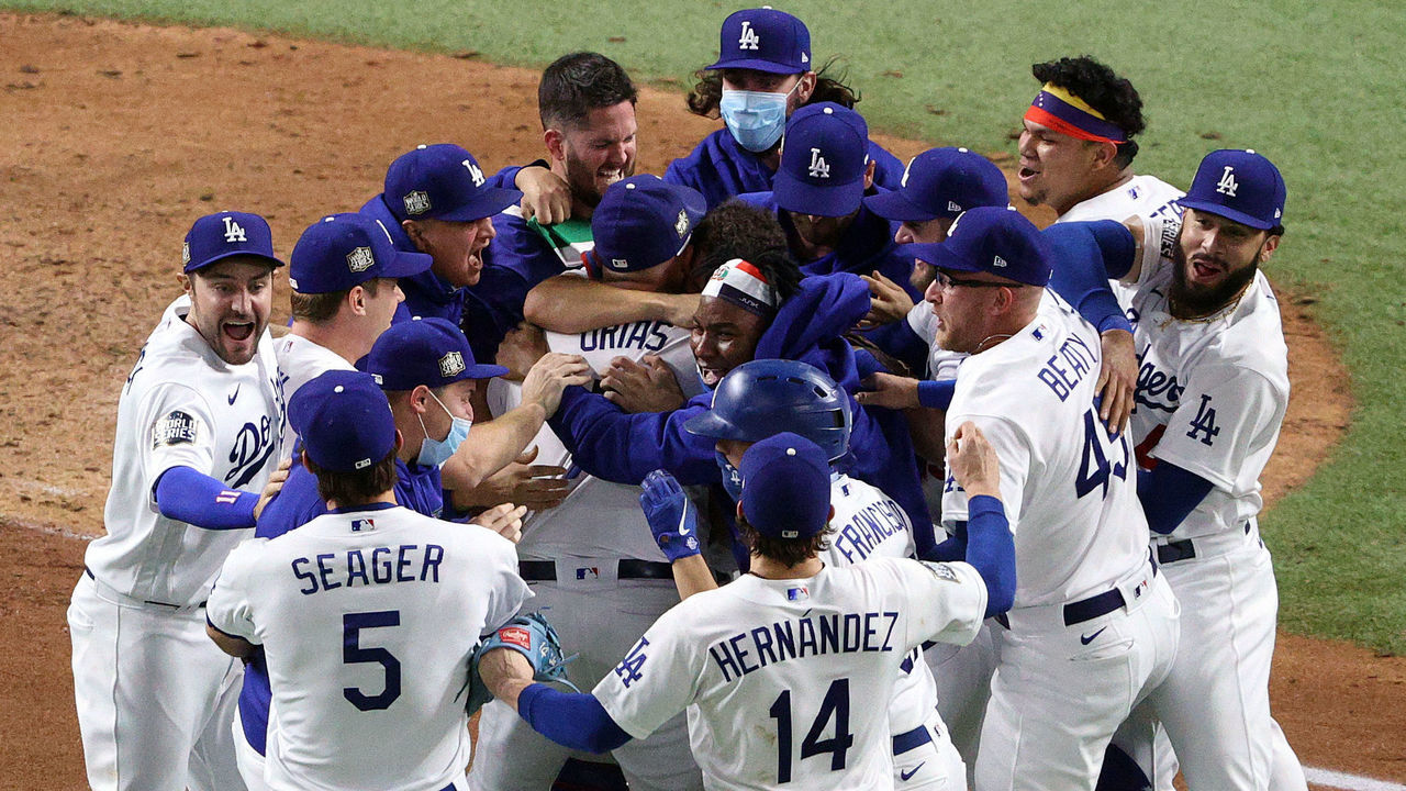 ARLINGTON, TEXAS - OCTOBER 27: The Los Angeles Dodgers celebrate after defeating the Tampa Bay Rays 3-1 in Game Six to win the 2020 MLB World Series at Globe Life Field on October 27, 2020 in Arlington, Texas.