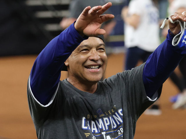 ARLINGTON, TEXAS - OCTOBER 27: Manager Dave Roberts of the Los Angeles Dodgers celebrates after defeating the Tampa Bay Rays 3-1 in Game Six to win the 2020 MLB World Series at Globe Life Field on October 27, 2020 in Arlington, Texas.
