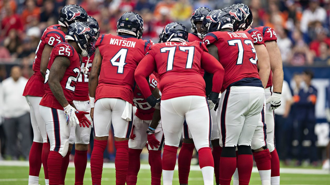 HOUSTON, TX - DECEMBER 8: Deshaun Watson #4 of the Houston Texans in the huddle in the first half of a game against the Denver Broncos at NRG Stadium on December 8, 2019 in Houston, Texas. The Broncos defeated the Texans 38-24.