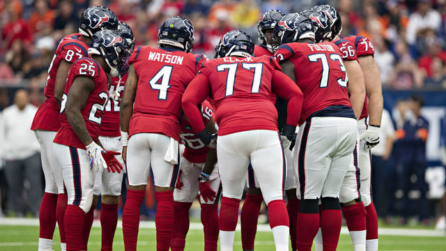 HOUSTON, TX - DECEMBER 8: Deshaun Watson #4 of the Houston Texans in the huddle in the first half of a game against the Denver Broncos at NRG Stadium on December 8, 2019 in Houston, Texas. The Broncos defeated the Texans 38-24.
