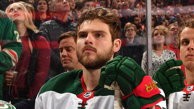 EDMONTON, AB - FEBRUARY 21: Alex Galchenyuk #27 of the Minnesota Wild stands for the singing of the national anthem prior to the game against the Edmonton Oilers on February 21, 2020, at Rogers Place in Edmonton, Alberta, Canada.