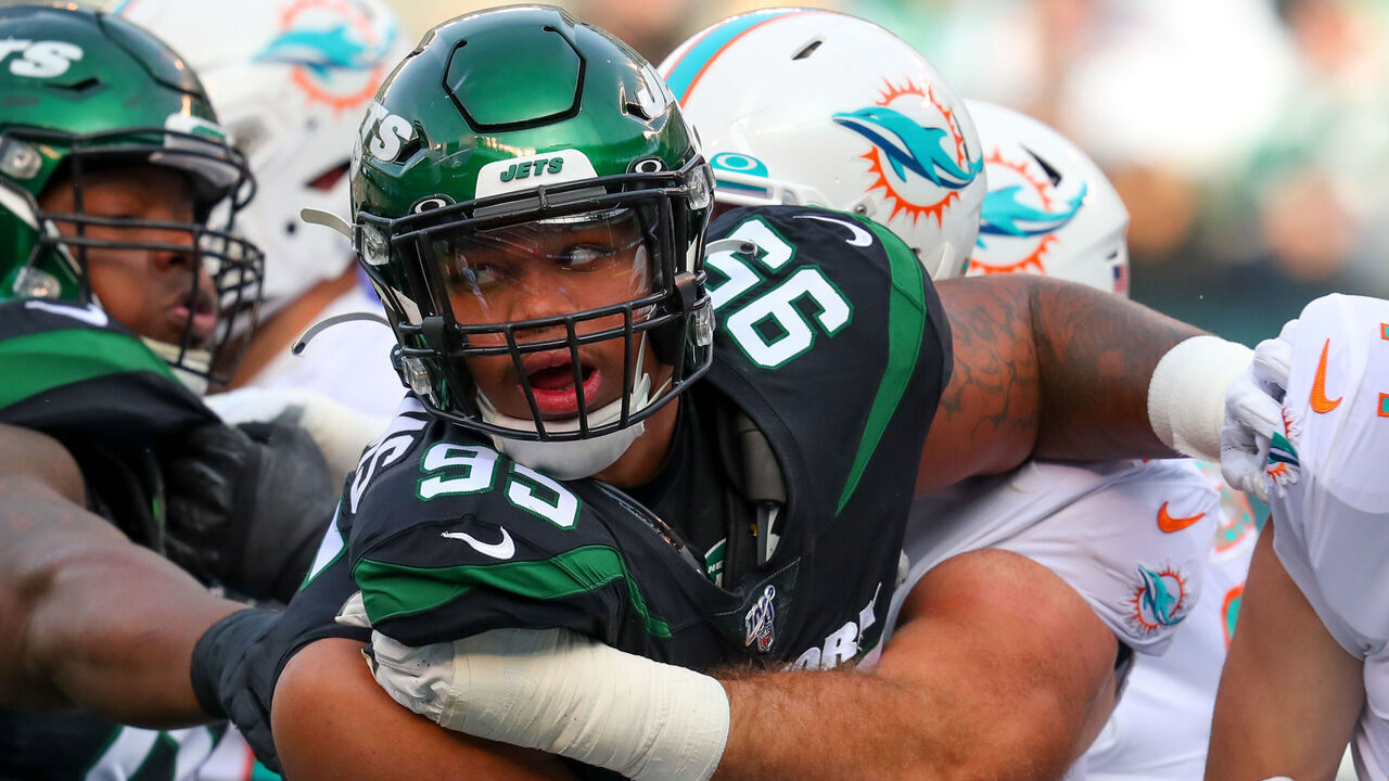 EAST RUTHERFORD, NJ - DECEMBER 08: New York Jets defensive tackle Quinnen Williams (95) during the National Football League game between the New York Jets and the Miami Dolphins on December 8, 2019 at MetLife Stadium in East Rutherford, NJ. The call was reversed and the New York Jets were given a first down.