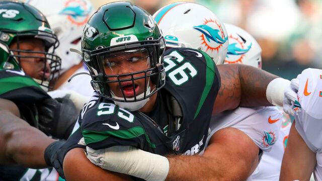 EAST RUTHERFORD, NJ - DECEMBER 08: New York Jets defensive tackle Quinnen Williams (95) during the National Football League game between the New York Jets and the Miami Dolphins on December 8, 2019 at MetLife Stadium in East Rutherford, NJ. The call was reversed and the New York Jets were given a first down.