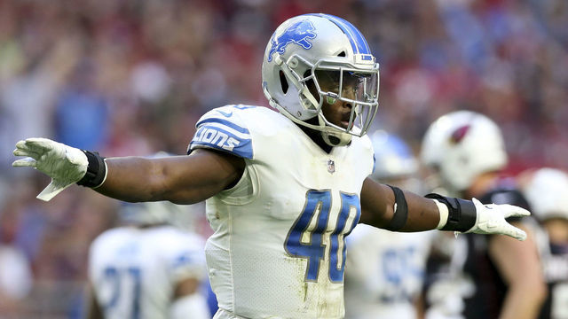GLENDALE, AZ - DECEMBER 09: Detroit Lions Linebacker Jarrad Davis (40) celebrates the missed field goal during the NFL football game between the Arizona Cardinals and the Detroit Lions on December 09, 2018 at State Farm Stadium in Glendale, AZ
