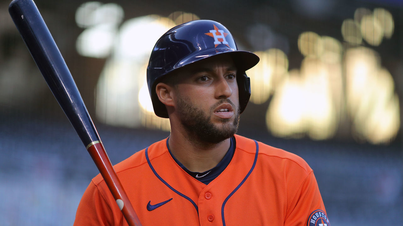 SAN DIEGO, CA - OCTOBER 17: George Springer #4 of the Houston Astros looks on during Game 7 of the ALCS between the Tampa Bay Rays and the Houston Astros at Petco Park on Saturday, October 17, 2020 in San Diego, California.