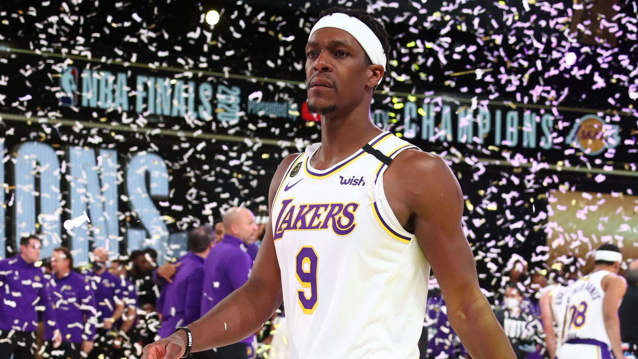 ORLANDO, FL - OCTOBER 11: Rajon Rondo #9 of the Los Angeles Lakers looks on after winning Game Six of the NBA Finals on October 11, 2020 at AdventHealth Arena in Orlando, Florida. NOTE TO USER: User expressly acknowledges and agrees that, by downloading and/or using this Photograph, user is consenting to the terms and conditions of the Getty Images License Agreement. Mandatory Copyright Notice: Copyright 2020 NBAE