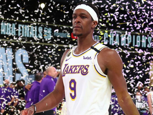 ORLANDO, FL - OCTOBER 11: Rajon Rondo #9 of the Los Angeles Lakers looks on after winning Game Six of the NBA Finals on October 11, 2020 at AdventHealth Arena in Orlando, Florida. NOTE TO USER: User expressly acknowledges and agrees that, by downloading and/or using this Photograph, user is consenting to the terms and conditions of the Getty Images License Agreement. Mandatory Copyright Notice: Copyright 2020 NBAE