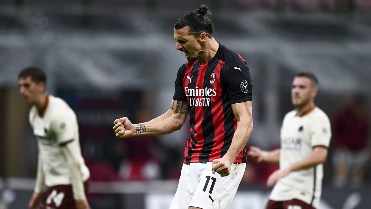 STADIO GIUSEPPE MEAZZA, MILAN, ITALY - 2020/10/26: Zlatan Ibrahimovic of AC Milan celebrates after scoring a goal during the Serie A football match between AC Milan and AS Roma. The match ended 3-3 tie.