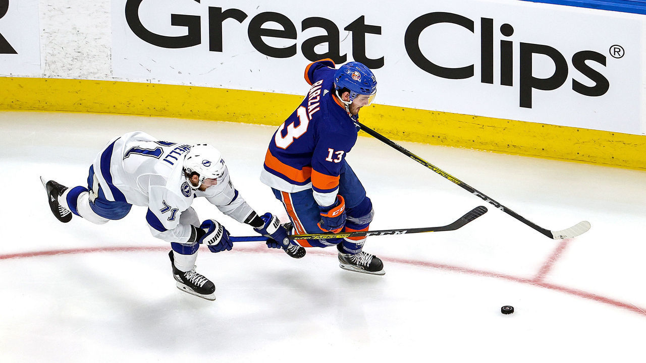 EDMONTON, ALBERTA - SEPTEMBER 13: Mathew Barzal #13 of the New York Islanders is pursued by Anthony Cirelli #71 of the Tampa Bay Lightning during the second period in Game Four of the Eastern Conference Final during the 2020 NHL Stanley Cup Playoffs at Rogers Place on September 13, 2020 in Edmonton, Alberta, Canada.