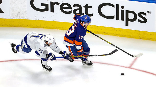 EDMONTON, ALBERTA - SEPTEMBER 13: Mathew Barzal #13 of the New York Islanders is pursued by Anthony Cirelli #71 of the Tampa Bay Lightning during the second period in Game Four of the Eastern Conference Final during the 2020 NHL Stanley Cup Playoffs at Rogers Place on September 13, 2020 in Edmonton, Alberta, Canada.