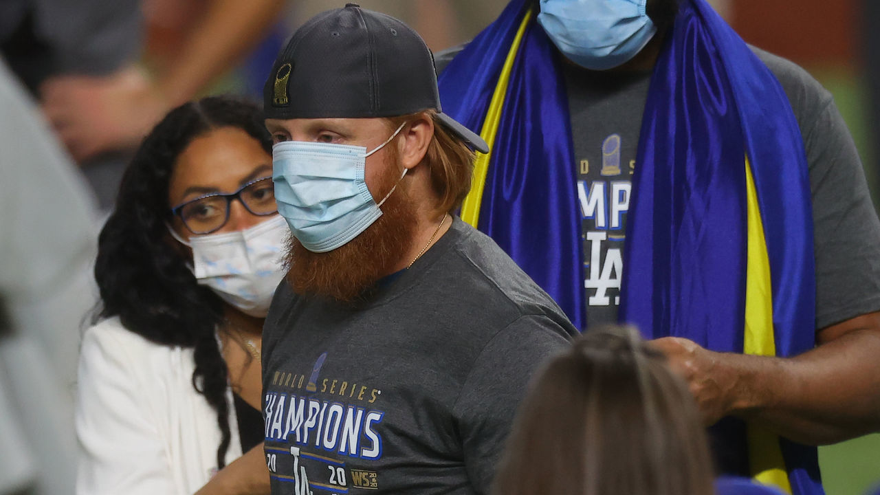 ARLINGTON, TEXAS - OCTOBER 27: Justin Turner #10 of the Los Angeles Dodgers celebrates after defeating the Tampa Bay Rays 3-1 in Game Six to win the 2020 MLB World Series at Globe Life Field on October 27, 2020 in Arlington, Texas.