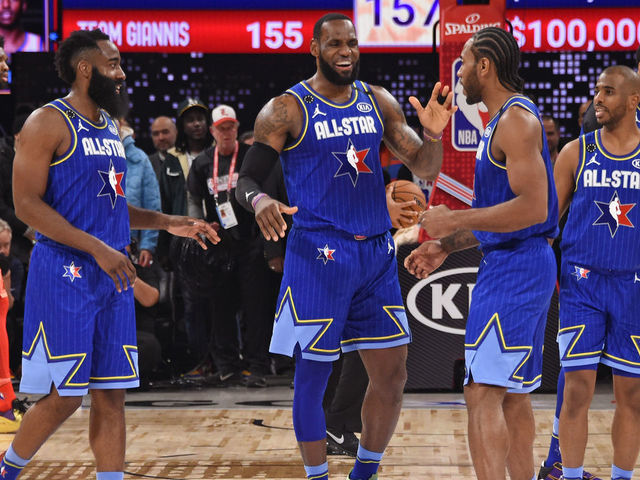 CHICAGO, IL - FEBRUARY 16: LeBron James #2 of Team LeBron smiles and celebrates with his team during the 69th NBA All-Star Game as part of 2020 NBA All-Star Weekend on February 16, 2020 at United Center in Chicago, Illinois. NOTE TO USER: User expressly acknowledges and agrees that, by downloading and/or using this Photograph, user is consenting to the terms and conditions of the Getty Images License Agreement. Mandatory Copyright Notice: Copyright 2020 NBAE