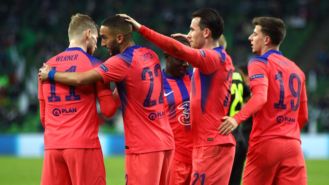 KRASNODAR, RUSSIA - OCTOBER 28: Hakim Ziyech of Chelsea celebrates with his team mates after scoring his sides third goal during the UEFA Champions League Group E stage match between FC Krasnodar and Chelsea FC at Krasnodar Stadium on October 28, 2020 in Krasnodar, Russia. A limited number of spectators will be in attendance as Covid-19 pandemic restrictions are eased in Russia.