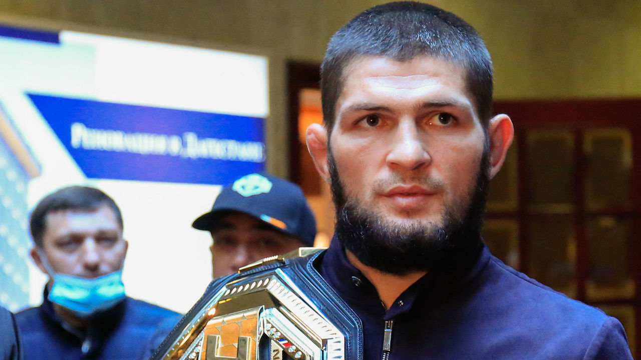 MAKHACHKALA, RUSSIA - OCTOBER 27, 2020: UFC Lightweight Champion Khabib Nurmagomedov is welcomed at a city airport. Nurmagomedov defeated American mixed martial artist Justin Gaethje in the second round at UFC 254 in Abu Dhabi on October 24, 2020, and then announced his retirement after 29 victories and no losses in his career. Press Office of the Head of the Republic of Dagestan/TASS THIS IMAGE WAS PROVIDED BY A THIRD PARTY. EDITORIAL USE ONLY
