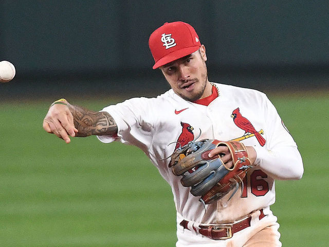 ST. LOUIS, MO - SEPTEMBER 24: St. Louis Cardinals shortstop Kolten Wong (16) throws to first for an out during a Major League Baseball game between the Milwaukee Brewers and the St. Louis Cardinals on September 24, 2020, at Busch Stadium, Kansas City, MO.