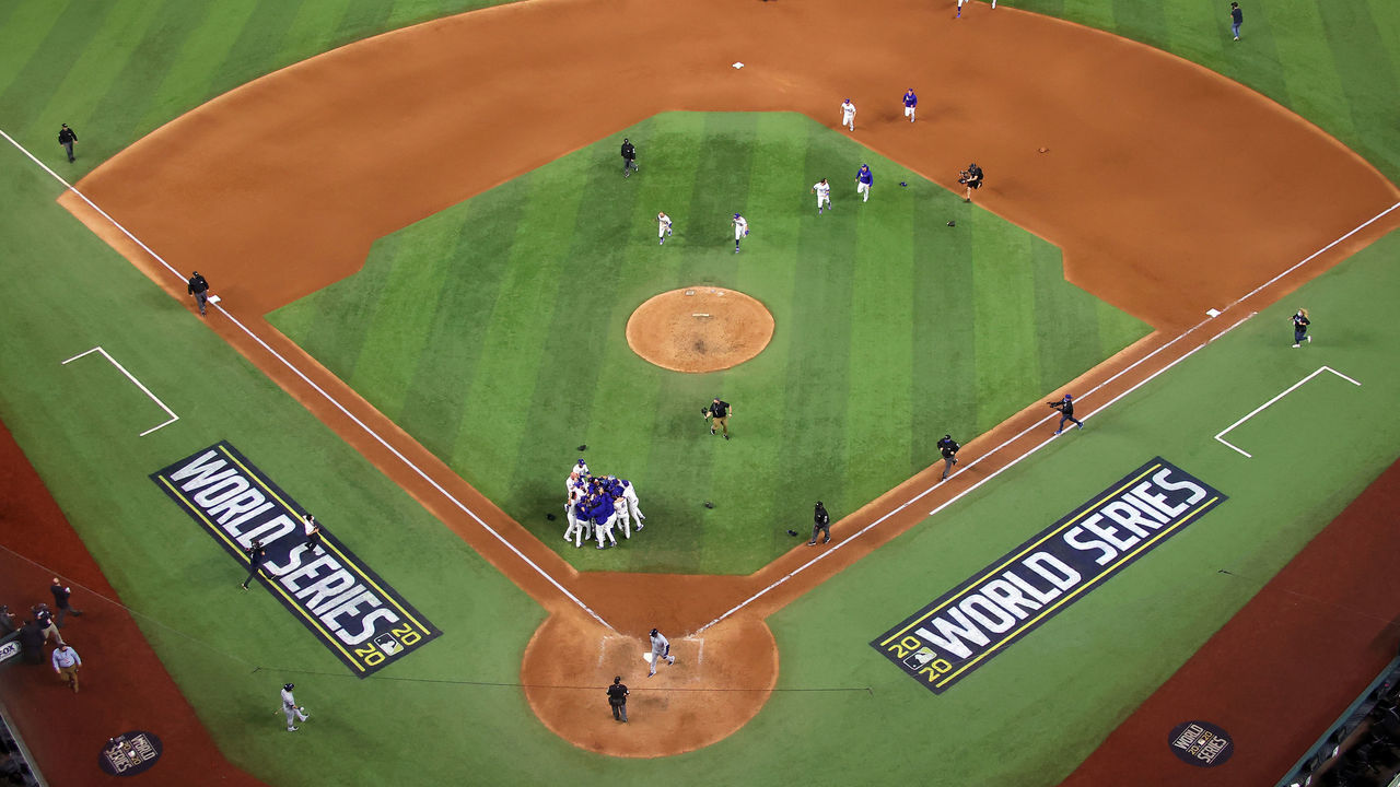 ARLINGTON, TEXAS - OCTOBER 27: The Los Angeles Dodgers celebrate after defeating the Tampa Bay Rays 3-1 in Game Six to win the 2020 MLB World Series at Globe Life Field on October 27, 2020 in Arlington, Texas.