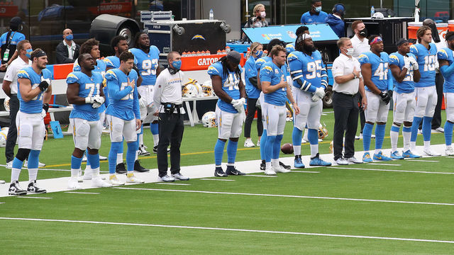 INGLEWOOD, CALIFORNIA - OCTOBER 25: A general view of the Los Angeles Chargers are seen as the national anthem is played before taking on the Jacksonville Jaguars at SoFi Stadium on October 25, 2020 in Inglewood, California.