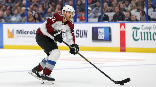 TAMPA, FL - OCTOBER 19: Colin Wilson #22 of the Colorado Avalanche looks to shoot against the Tampa Bay Lightning during the first period at the Amalie Arena on October 19, 2019 in Tampa, Florida.