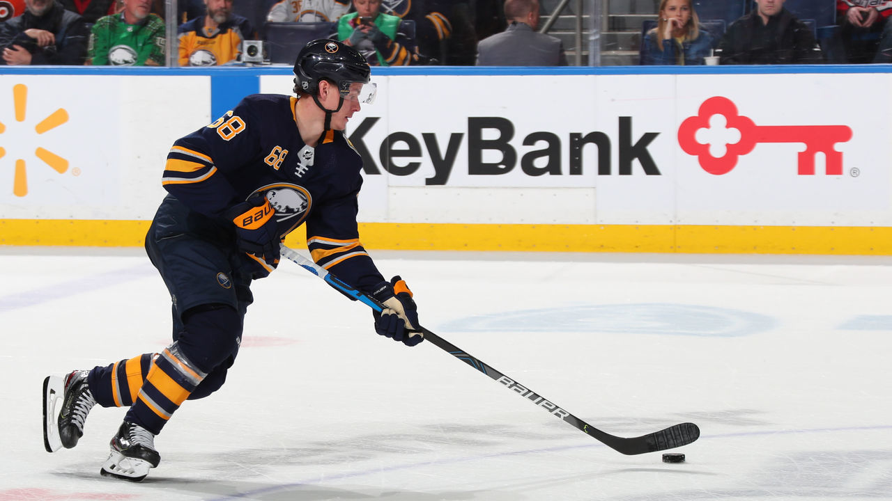 BUFFALO, NY - MARCH 9: Victor Olofsson #68 of the Buffalo Sabres skates during an NHL game against the Washington Capitals on March 9, 2020 at KeyBank Center in Buffalo, New York.