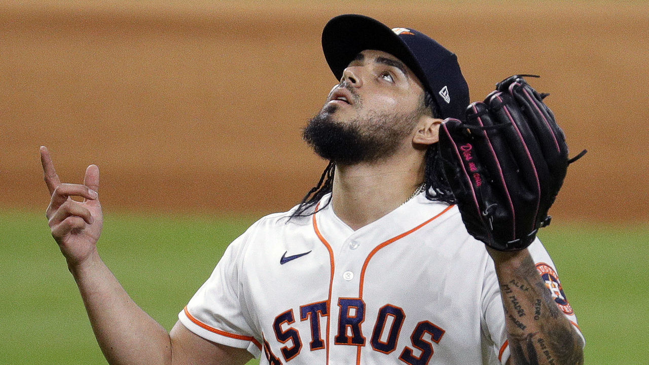 HOUSTON, TEXAS - JULY 29: Roberto Osuna #54 of the Houston Astros looks upward after finishing an inning against the Los Angeles Dodgers at Minute Maid Park on July 29, 2020 in Houston, Texas.