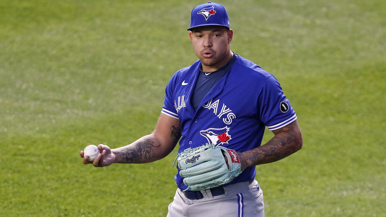 NEW YORK, NEW YORK - SEPTEMBER 15: (NEW YORK DALIES OUT) Taijuan Walker #00 of the Toronto Blue Jays warms up before a game against the New York Yankees at Yankee Stadium on September 15, 2020 in New York City. The Yankees defeated the Blue Jays 20-6.