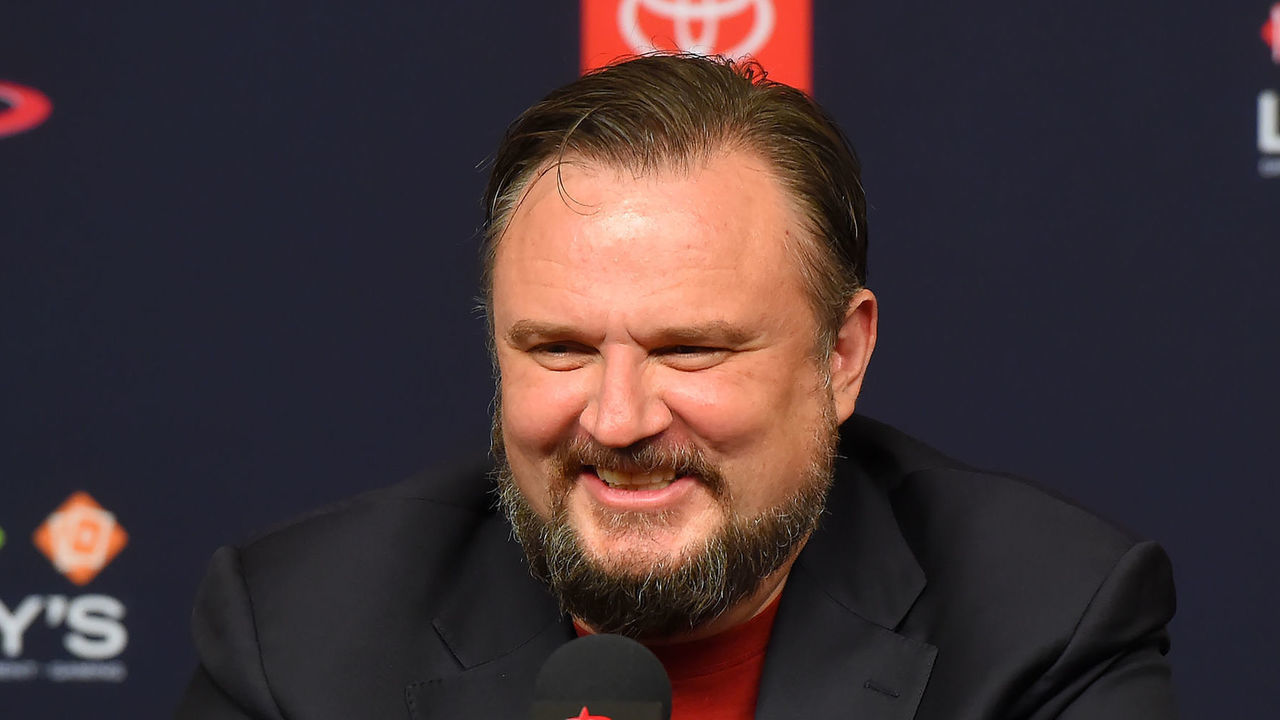 HOUSTON, TX - JULY 26: General Manager Daryl Morey of the Houston Rockets talk to the media during the Houston Rockets Introductory Press Conference on July 26, 2019 at the Toyota Center in Houston, Texas. Mandatory Copyright Notice: Copyright 2019 NBAE