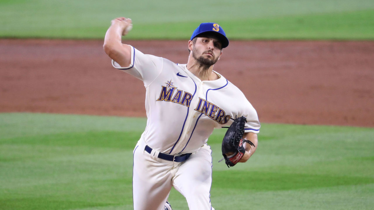 SEATTLE, WASHINGTON - AUGUST 02: Kendall Graveman #49 of the Seattle Mariners pitches in the second inning against the Oakland Athletics during their game at T-Mobile Park on August 02, 2020 in Seattle, Washington.