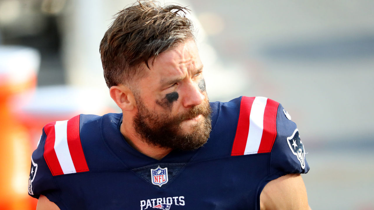 FOXBOROUGH, MASSACHUSETTS - OCTOBER 18: Julian Edelman #11 of the New England Patriots looks on after the game against the Denver Broncos at Gillette Stadium on October 18, 2020 in Foxborough, Massachusetts.
