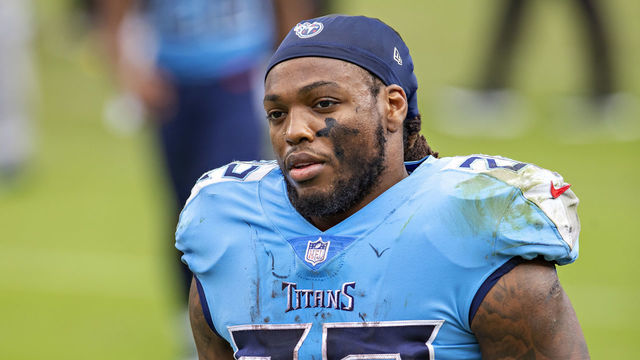 NASHVILLE, TN - OCTOBER 25: Derrick Henry #22 of the Tennessee Titans walks off the field after a game against the Pittsburgh Steelers at Nissan Stadium on October 25, 2020 in Nashville, Tennessee. The Steelers defeated the Titans 27-24.