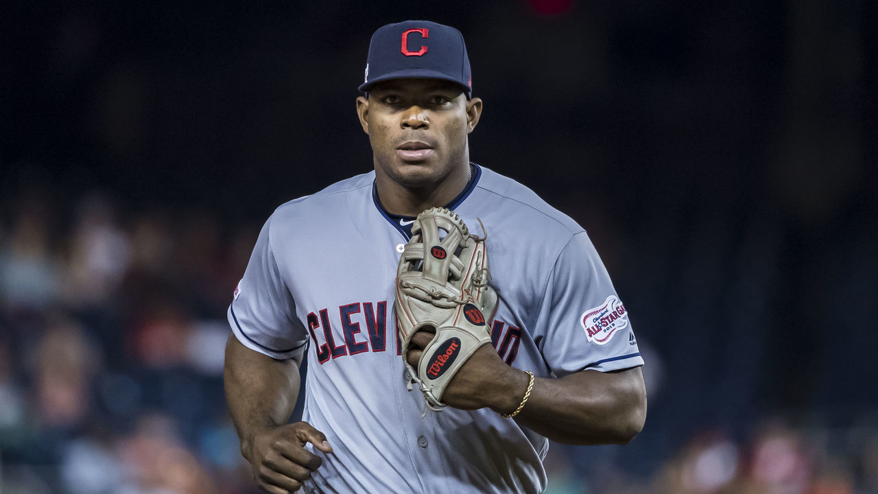 WASHINGTON, DC - SEPTEMBER 27: Yasiel Puig #66 of the Cleveland Indians returns to the dugout after fielding during the eighth inning against the Washington Nationals at Nationals Park on September 27, 2019 in Washington, DC.