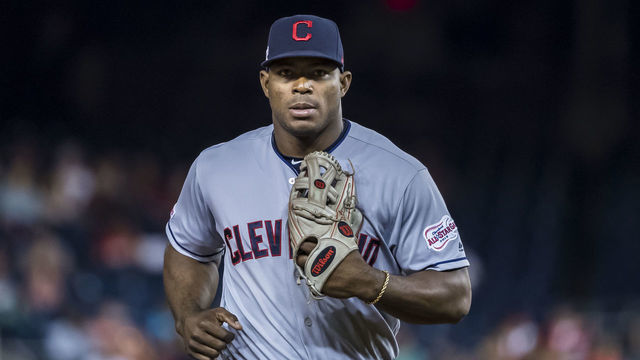 WASHINGTON, DC - SEPTEMBER 27: Yasiel Puig #66 of the Cleveland Indians returns to the dugout after fielding during the eighth inning against the Washington Nationals at Nationals Park on September 27, 2019 in Washington, DC.