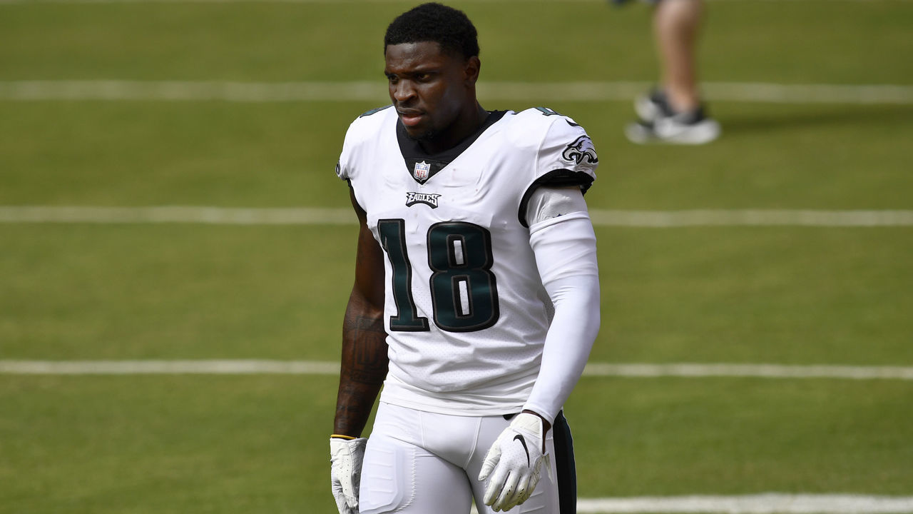 LANDOVER, MD - SEPTEMBER 13: Eagles wide receiver Jalen Reagor (18) rests during the Philadelphia Eagles vs. Washington Football Team NFL game at FedEx Field on September 13, 2020 in Landover, MD.