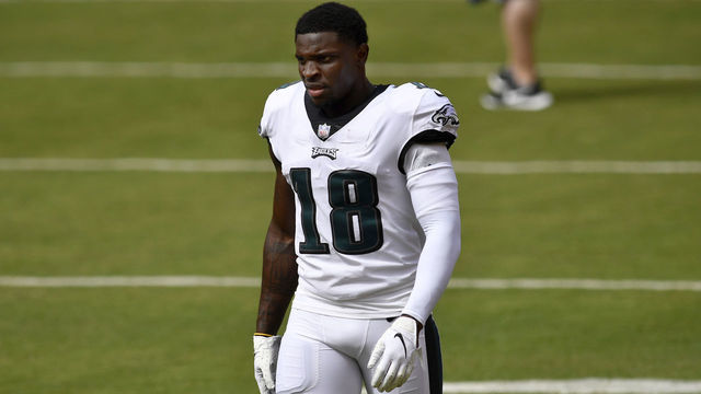 LANDOVER, MD - SEPTEMBER 13: Eagles wide receiver Jalen Reagor (18) rests during the Philadelphia Eagles vs. Washington Football Team NFL game at FedEx Field on September 13, 2020 in Landover, MD.
