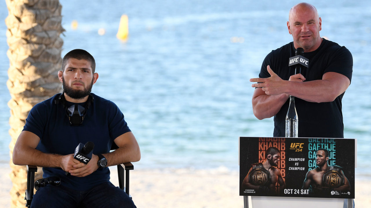 ABU DHABI, UNITED ARAB EMIRATES - OCTOBER 21: UFC president Dana White (R) and Khabib Nurmagomedov (L) of Russia interact with media during the UFC 254 press conference at Yas Beach on October 21, 2020 on UFC Fight Island, Abu Dhabi, United Arab Emirates.