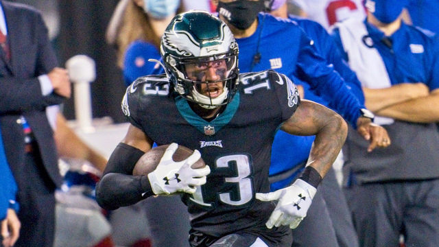 PHILADELPHIA, PA - OCTOBER 22: Philadelphia Eagles wide receiver Travis Fulgham (13) runs after a reception during the game between the New York Giants and the Philadelphia Eagles on October 22, 2020 at Lincoln Financial Field in Philadelphia, PA.