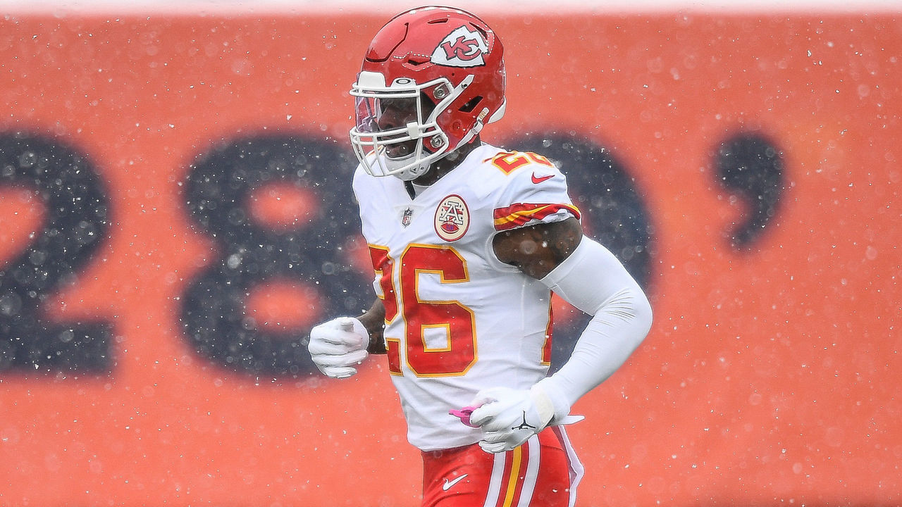 DENVER, CO - OCTOBER 25: Le'Veon Bell #26 of the Kansas City Chiefs runs onto the field before a game against the Denver Broncos at Empower Field at Mile High on October 25, 2020 in Denver, Colorado.