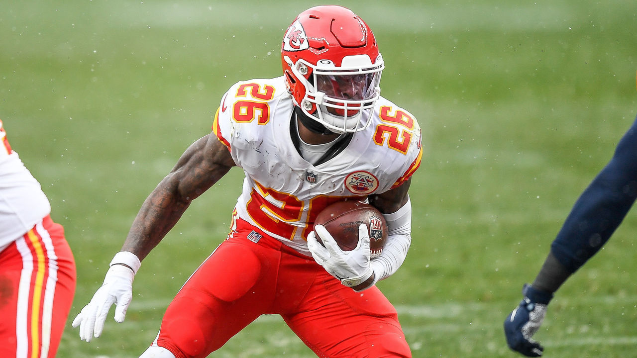 DENVER, CO - OCTOBER 25: Le'Veon Bell #26 of the Kansas City Chiefs carries the ball against the Denver Broncos at Empower Field at Mile High on October 25, 2020 in Denver, Colorado.