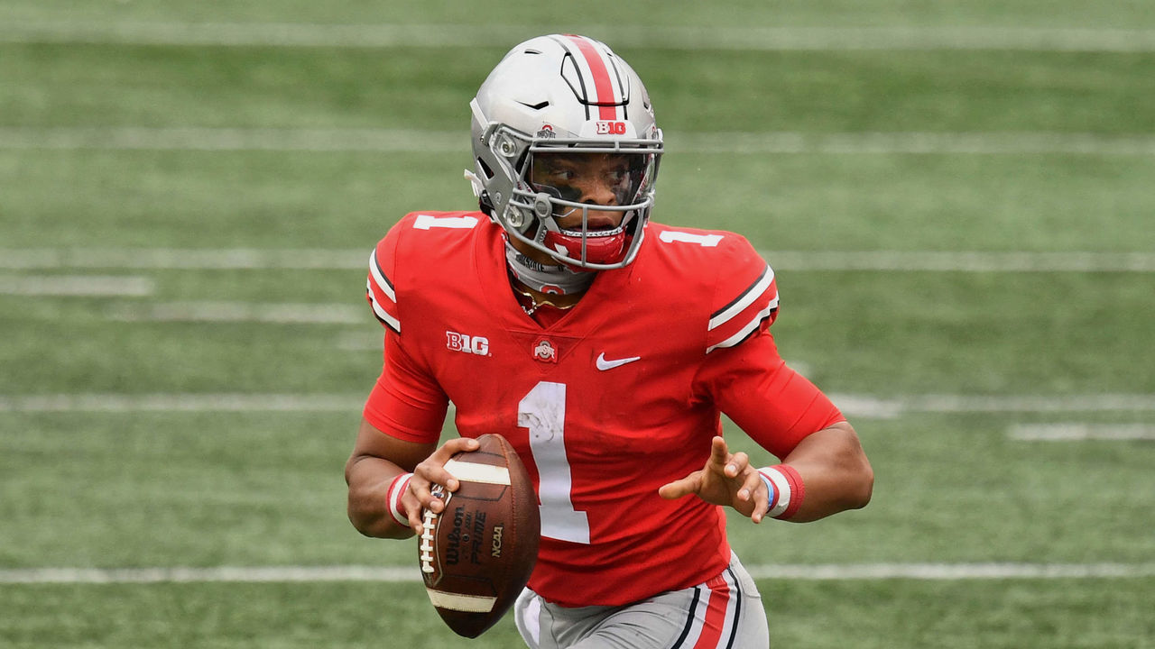 COLUMBUS, OH - OCTOBER 24: Quarterback Justin Fields #1 of the Ohio State Buckeyes passes against the Nebraska Cornhuskers at Ohio Stadium on October 24, 2020 in Columbus, Ohio.