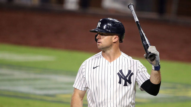 SAN DIEGO, CALIFORNIA - OCTOBER 07: Brett Gardner #11 of the New York Yankees reacts after striking out against the Tampa Bay Rays during the eighth inning in Game Three of the American League Division Series at PETCO Park on October 07, 2020 in San Diego, California.