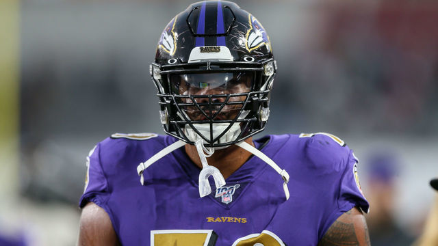 LOS ANGELES, CA - NOVEMBER 25: Baltimore Ravens offensive tackle Ronnie Stanley (79) before the Baltimore Ravens vs Los Angeles Rams football game on November 25, 2019, at the Los Angeles Memorial Coliseum in Los Angeles, CA.