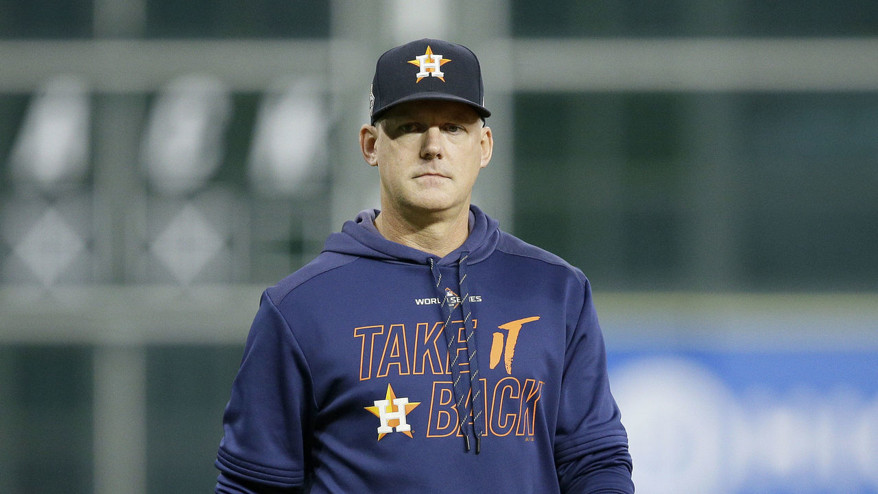 HOUSTON, TEXAS - OCTOBER 30: AJ Hinch #14 of the Houston Astros looks on during batting practice prior to Game Seven of the 2019 World Series against the Washington Nationals at Minute Maid Park on October 30, 2019 in Houston, Texas.