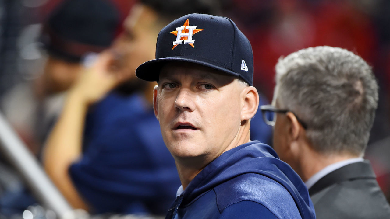 WASHINGTON, DC - OCTOBER 26: AJ Hinch #14 of the Houston Astros looks on during batting practice prior to Game Four of the 2019 World Series against the Washington Nationals at Nationals Park on October 26, 2019 in Washington, DC.