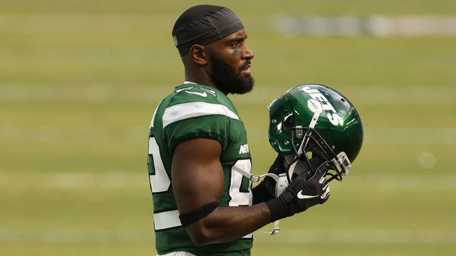 MIAMI GARDENS, FLORIDA - OCTOBER 18: Jamison Crowder #82 of the New York Jets looks on against the Miami Dolphins at Hard Rock Stadium on October 18, 2020 in Miami Gardens, Florida.