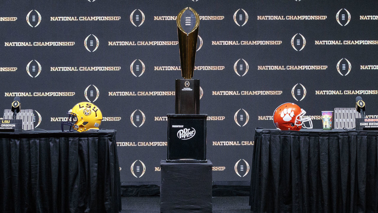 NEW ORLEANS, LOUISIANA - JANUARY 12: A general view of the stage featuring The College Football Playoff National Championship Trophy before the head coaches press conference before playing the College Football Playoff National Championship at the Grand Ballroom at the Sheraton Hotel on January 12, 2020 in New Orleans, Louisiana.