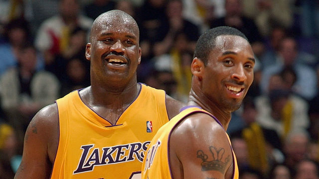 LOS ANGELES - MARCH 30: Kobe Bryant #8 of the Los Angeles Lakers and Shaquille O'Neal #34 on the court during the game against the New Orleans Hornets at Staples Center on March 30, 2004 in Los Angeles, California. The Lakers won 107-88. NOTE TO USER: User expressly acknowledges and agrees that, by downloading and/or using this Photograph, User is consenting to the terms and conditions of the Getty Images License Agreement