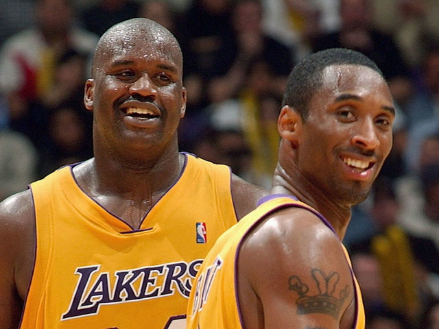 Shaquille O'Neal and Kobe Bryant of the Los Angeles Lakers pose