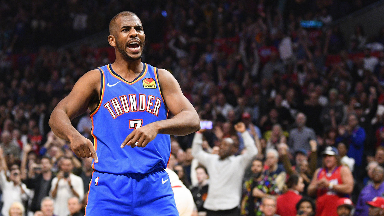 LOS ANGELES, CA - NOVEMBER 18: Oklahoma City Thunder Guard Chris Paul (3) reacts after the end of the NBA game between the Oklahoma City Thunder and the Los Angeles Clippers on November 18, 2019 at STAPLES Center in Los Angeles, CA.